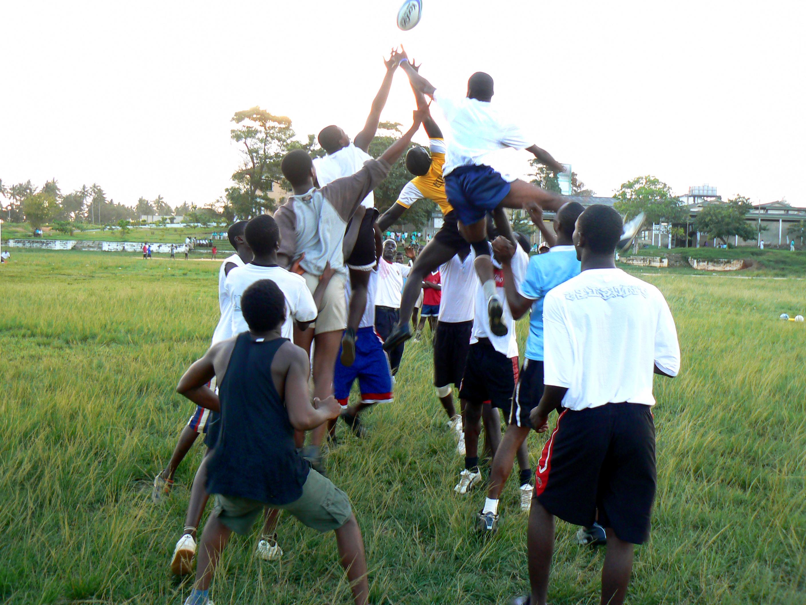 A Projects Abroad volunteer teaching rugby in Ghana coaches a friendly match A line out during a friendly match organised by a volunteer working as a rugby coach in Ghana